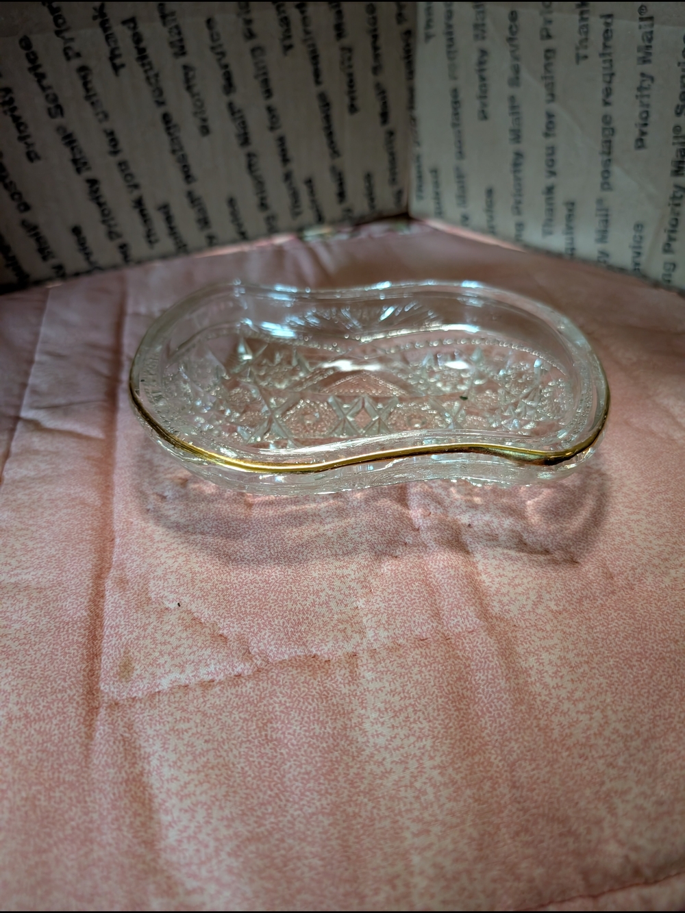 Clear Pressed Glass Dish with Gold Rim